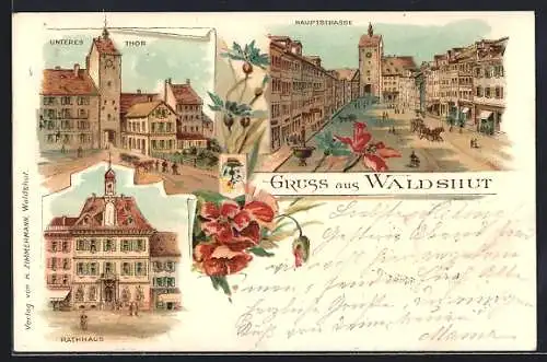 Lithographie Waldshut, Blick auf Hauptstrasse, Unteres Thor und Rathaus