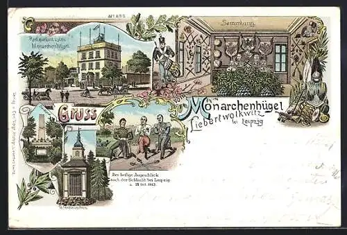 Lithographie Liebertwolkwitz bei Leipzig, Restaurant zum Monarchenhügel, Denkmal, Todenhausen