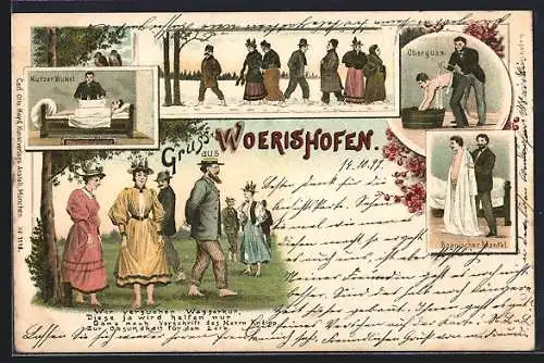 Lithographie Wörishofen, Kneippanwendungen, Rückenguss, Kurzer Wickel