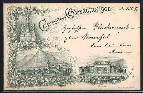 Lithographie Oberammergau, Theater, Kreuzgruppe und Blick über den Ort