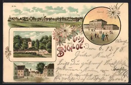 Lithographie Buchloe, Bahnhof, Gasthof Kellergarten, Marktstrasse, Panorama der Stadt
