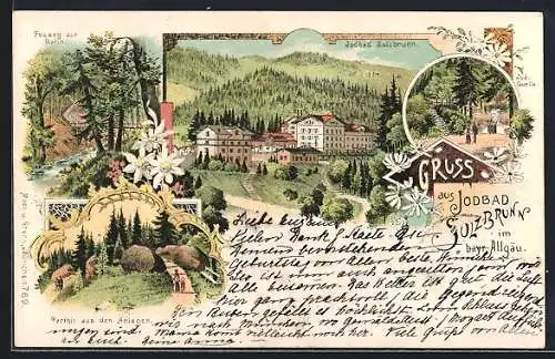 Lithographie Sulzbrunn im bayr. Allgäu, Iodquelle, Fussweg zur Bahn, Partie aus den Anlagen