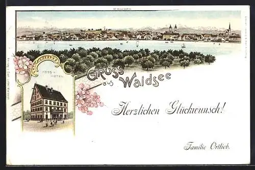 Lithographie Waldsee / Württ., Post u. Hotel und Blick über den Ort