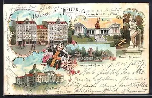 Lithographie München, Hotel Restaurant Trefler in der Sonnenstrasse 21-28, Justizpalast, Buberl-Brunnen