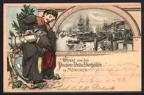 AK München, Pschorr-Bräu-Bierhallen, Neuhauser Strasse, Münchner Kindl, Hamburger Hafen