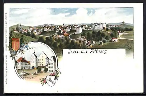Künstler-AK Tettnang, Totalansicht, Marktplatz