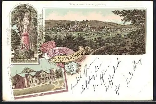 Lithographie Ravensburg / Württ, Turnhalle, Kriegerdenkmal, Gesamtansicht, Wappen