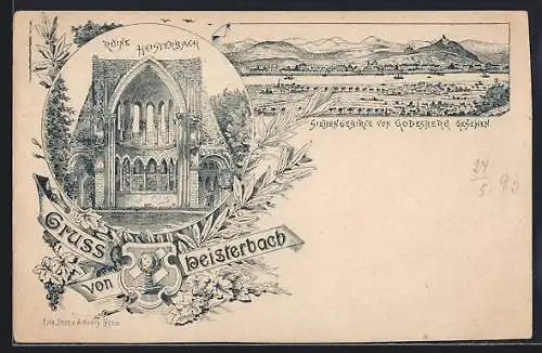 Lithographie Heisterbach, Ruine, Siebenberge von Godesberg gesehen