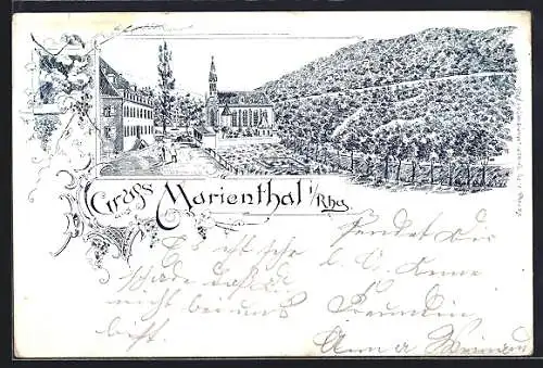 Lithographie Marienthal i. Rhg., Partie im Ort mit Blick auf die Kirche