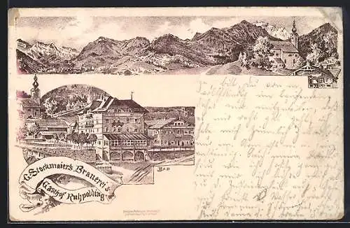 Lithographie Ruhpolding, G. Stockmaiers Brauerei, Bad, Gasthaus