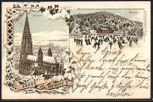 Winter-Lithographie Freiburg i. B., Waldsee und Münster