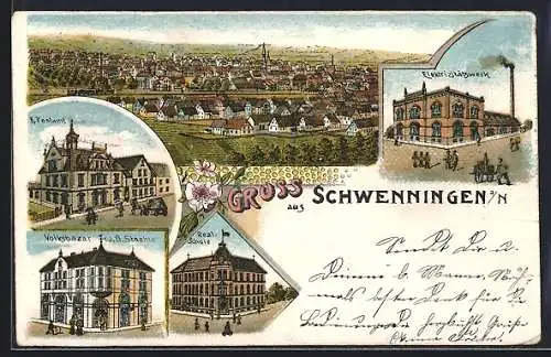Lithographie Schwenningen a. N., K. Postamt, Volksbazar v. J. G. Staehle, Realschule, Elektrizitätswerk