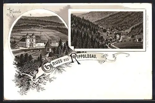 Lithographie Rippoldsau, Klösterle und Blick auf den Ort im Tal