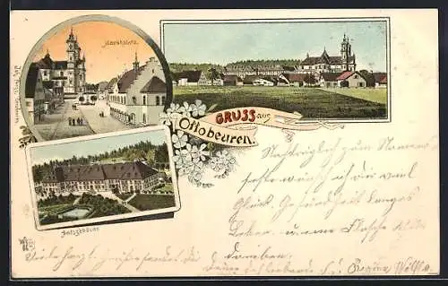 Lithographie Ottobeuren, Totalansicht mit Marktplatz und Amtsgebäude