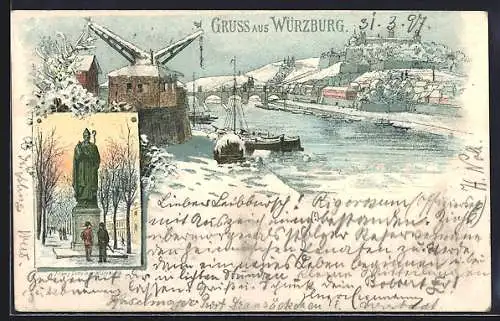 Winter-Lithographie Würzburg, Flusspartie mit Kran im Winter, Denkmal