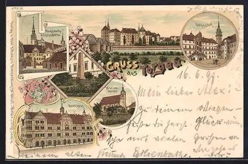 Lithographie Torgau, Blick zum Schloss, im Schlosshof, Marienkirche, Rathaus und Hauptwache