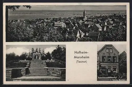 AK Hofheim-Marxheim, Kolonialwarenhandlung v. Georg Bender, Ehrenmal, Ortsansicht aus der Vogelschau