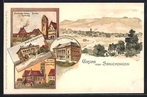 Lithographie Spaichingen, Gewerbemuseum, Städtisches Schulgebäude, Stadtpfarrhaus mit Kirche und Rathaus