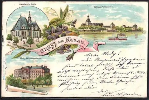 Lithographie Hanau, Schloss Philippsruhe, Französische Kirche, Zeichen-Akademie