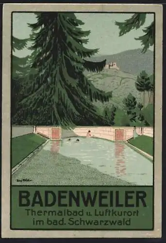 Künstler-AK Badenweiler, Schwimmbad am Wald, Blick zur Ruine
