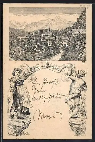 Lithographie Berchtesgaden, Ortsansicht mit Gebirgspanorama, Mann und Frau in Tracht