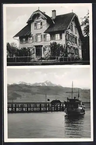 AK Nonnenhorn am Bodensee, Hotel-Pension Haus Wetzler Nr. 90, Dampfersteg mit Säntis und Ausflugsdampfer