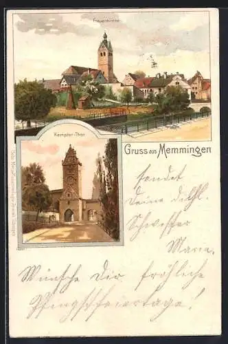 Lithographie Memmingen, Frauenkirche und Kempter Tor