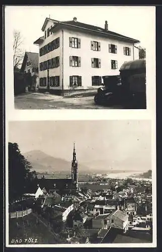 AK Bad Tölz, Ortsansicht mit Kirche, Wohnhaus und Automobil mit Kennzeichen IIB-1202