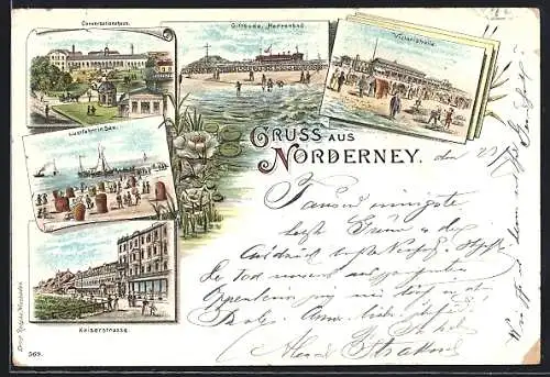 Lithographie Norderney, Victoriahalle, Giftbude mit Herrenbad, Conversationshaus, Kaiserstrasse