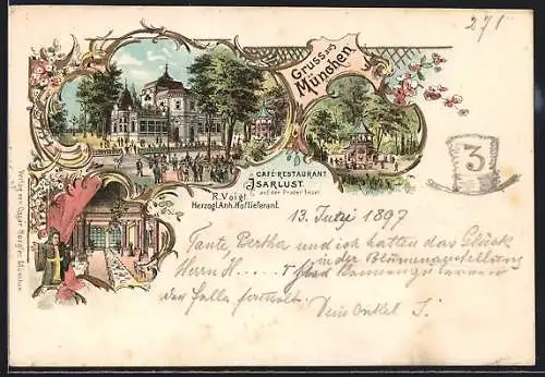 Lithographie München, Café-Restaurant Isarlust, Bes. R. Voigt