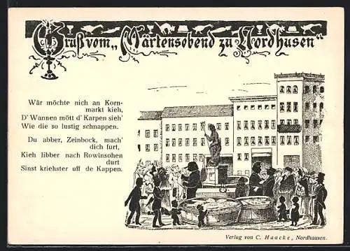 AK Nordhausen, Ortspartie mit Brunnen, Volksfest Märtensobend zu Nordhausen