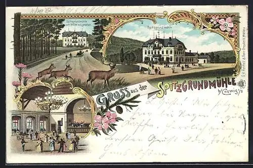 Lithographie Coswig / Sachsen, Ansichten vom Restaurant Spitzgrundmühle