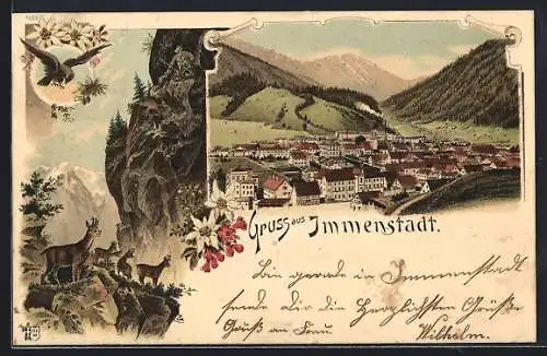 Lithographie Immenstadt, Ortsansicht aus der Vogelschaul, Ziegenböcke auf einem Felsvorsprung