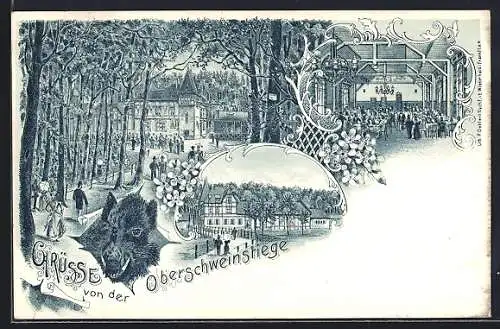 Lithographie Frankfurt-Sachsenhausen, Gasthaus Ober-Schweinstiege im Frankfurter Stadtwald, mit Eberkopf und Saal