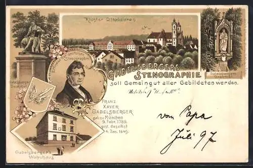 Lithographie Ottobeuren, Gabelsbergers Stenographie mit seinem Grabmal und seinem Wohnhaus