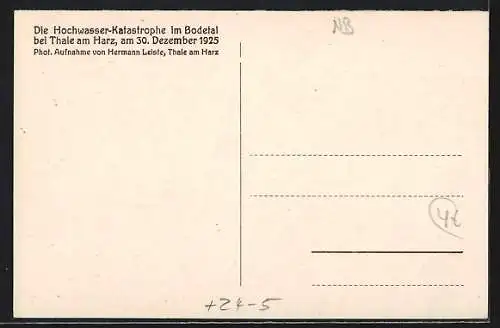 AK Thale am Harz, Blick von der Hubertusbrücke, Hochwasser-Katastrophe 30.12.1925, im Hintergrund Herz-Jesu-Kirche