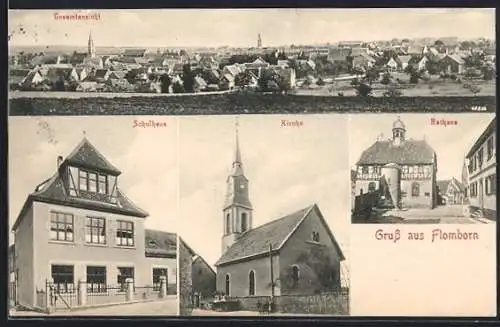 AK Flomborn, Totalansicht, Schule, Kirche und Rathaus
