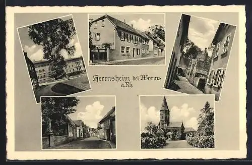 AK Herrnsheim bei Worms, Gasthaus zur Krone, Bes. Leonh. Adolf, Kirche, Strassenpartie mit Wohnhäusern