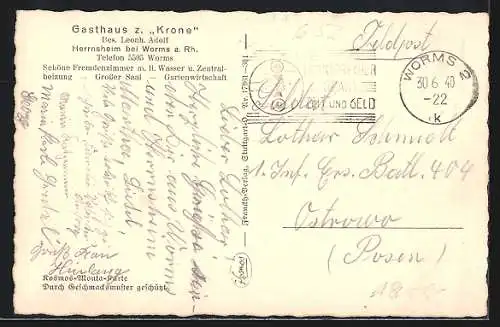 AK Herrnsheim bei Worms, Gasthaus zur Krone, Bes. Leonh. Adolf, Kirche, Strassenpartie mit Wohnhäusern