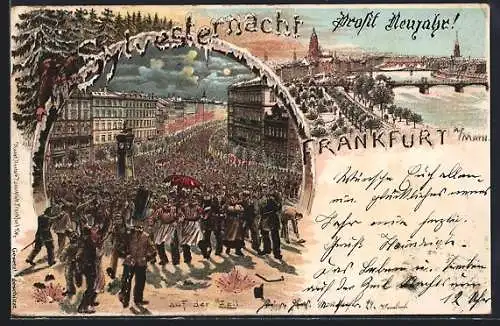 Winter-Lithographie Frankfurt /Main, Leute auf der Zeil in der Silvesternacht, Ortsansicht