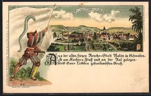 Lithographie Aalen, Ansicht der Stadt Anno 1791, Landsknecht mit Fahne