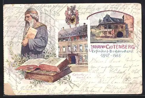 Lithographie Mainz, Druckhaus, Portrait Johann Gutenberg Erfinder d. Buchdruck, Geburtshaus