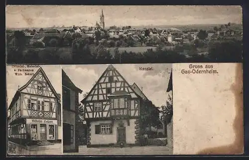 AK Gau-Odernheim, Totalansicht mit Kirche, Kanzlei, Kolonial-, Material- und Farbwaren W. Eckert