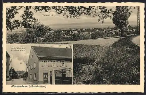 AK Monzernheim /Rheinhessen, Kolonialwarengeschäft v. Jakob Bertz, Teilansicht vom Feldrain aus