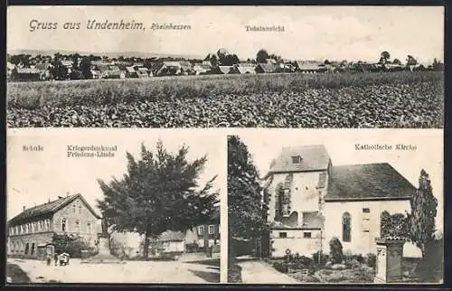 AK Undenheim /Rheinhessen, Katholische Kirche, Kriegerdenkmal mit Friedens-Linde, Schule