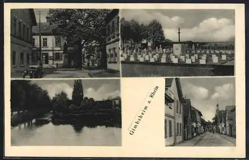 AK Gimbsheim a. Rhein, Strassenpartie mit Wohnhäusern, Friedhof, Denkmal