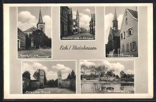 AK Eich /Rheinhessen, Katholische Kirche mit Schwesternhaus, Ehrenmal 1914-18, Weiher