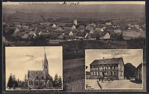 AK Siefersheim /Rheinhessen, Ortsansicht aus der Vogelschau, Kriegerdenkmal und Schule, Kirche