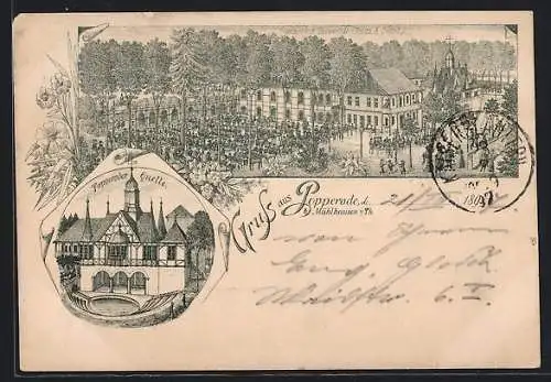 Lithographie Popperode b. Mühlhausen, Gasthaus Popperoder Quelle