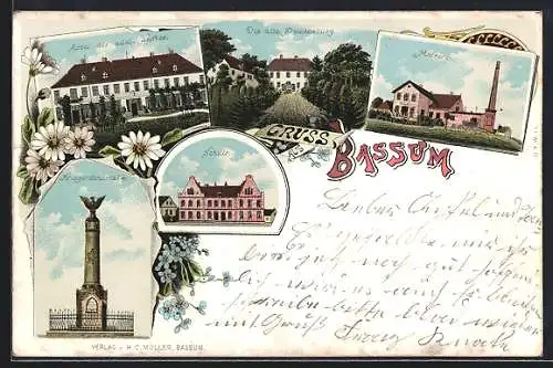 Lithographie Bassum, Molkerei, Abtei des adel. Stiftes, Kriegerdenkmal
